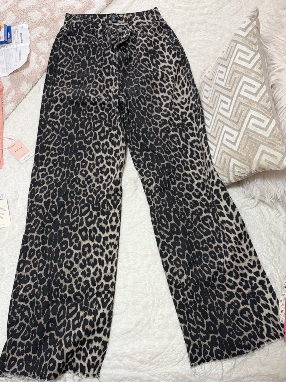 PrettyLittleThing Tall Leopard Trim High-Waist Pants — Black & Beige
